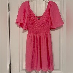 Pink V-Neck Short Flutter Sleeve Dress - Unbranded